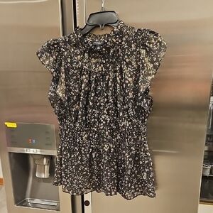 💕CURRENT AIR💕 Smocked Flutter-Sleeve Blouse ~ Micro Floral Print Large L NWT